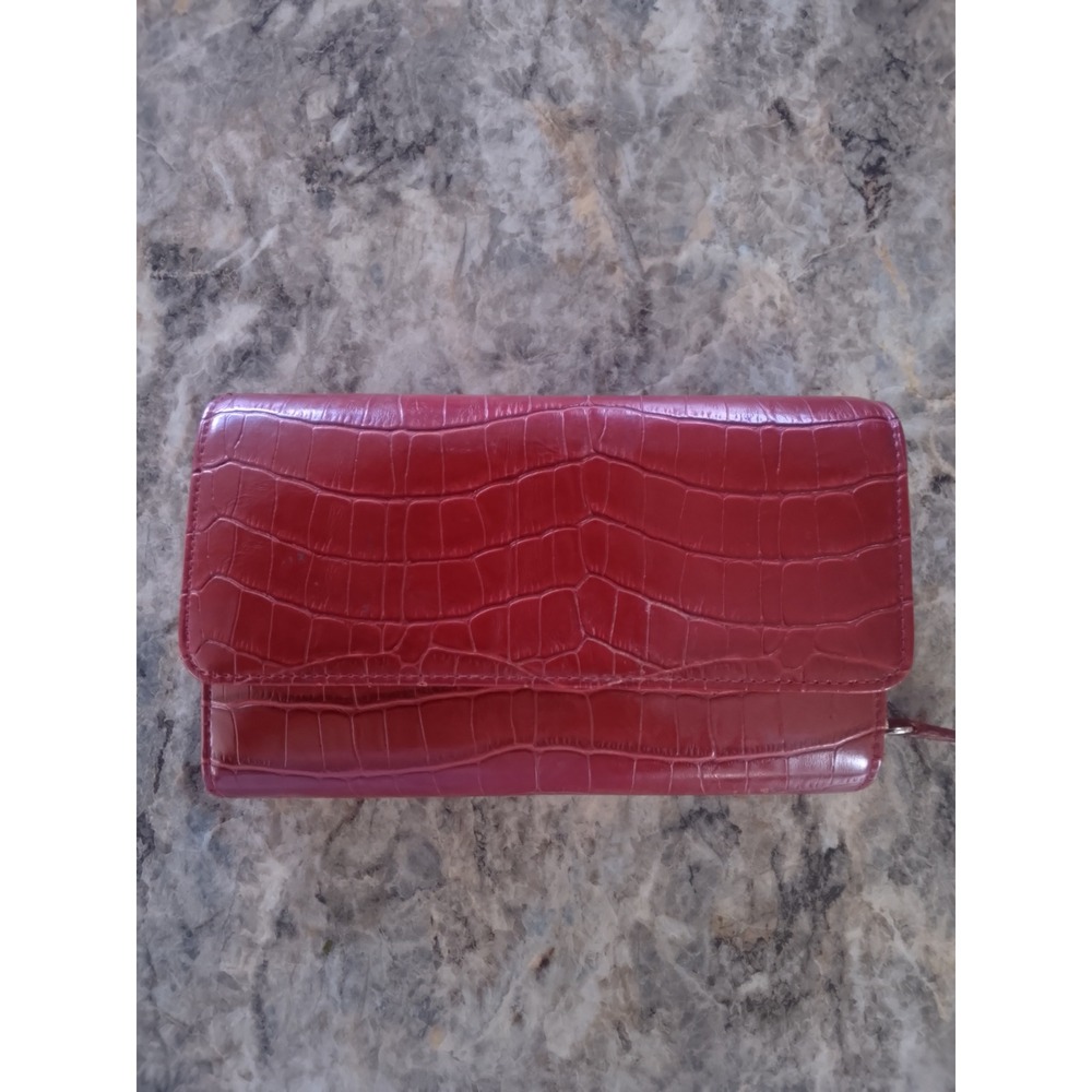 Mundi Red Faux Croc Embossed Tri-Fold Wallet with Solar Calculator